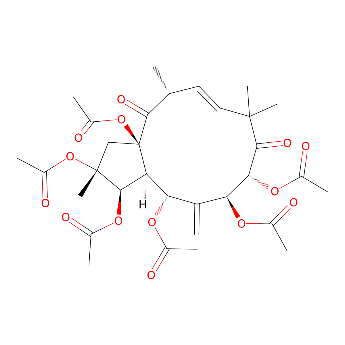 (1R,2R,3aR,5R,6E,10R,11S,13R,13aS)-1,3,3a,5,8,10,11,12,13,13a-Decahydro-1,2,3a,10,11,13-hexaacetoxy-2,5,8,8-tetramethyl-12-methylene-4H-cyclopentacyclododecene-4,9(2H)-dione molecular structure, CAS 210046-59-6