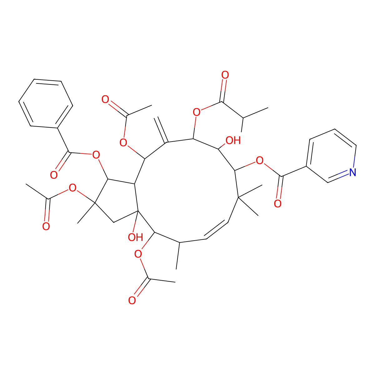 [2,4,13-triacetyloxy-1-benzoyloxy-3a,10-dihydroxy-2,5,8,8-tetramethyl-12-methylidene-11-(2-methylpropanoyloxy)-3,4,5,9,10,11,13,13a-octahydro-1H-cyclopenta[12]annulen-9-yl] pyridine-3-carboxylate molecular structure, CAS 210108-87-5