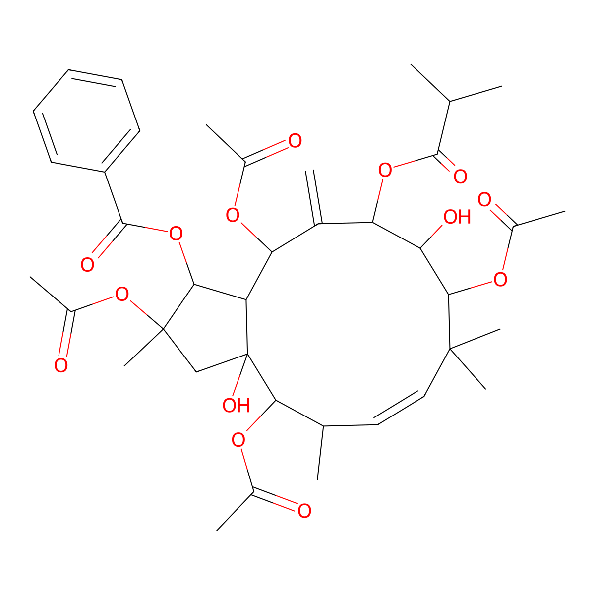 [2,4,9,13-tetraacetyloxy-3a,10-dihydroxy-2,5,8,8-tetramethyl-12-methylidene-11-(2-methylpropanoyloxy)-3,4,5,9,10,11,13,13a-octahydro-1H-cyclopenta[12]annulen-1-yl] benzoate molecular structure, CAS 210108-88-6