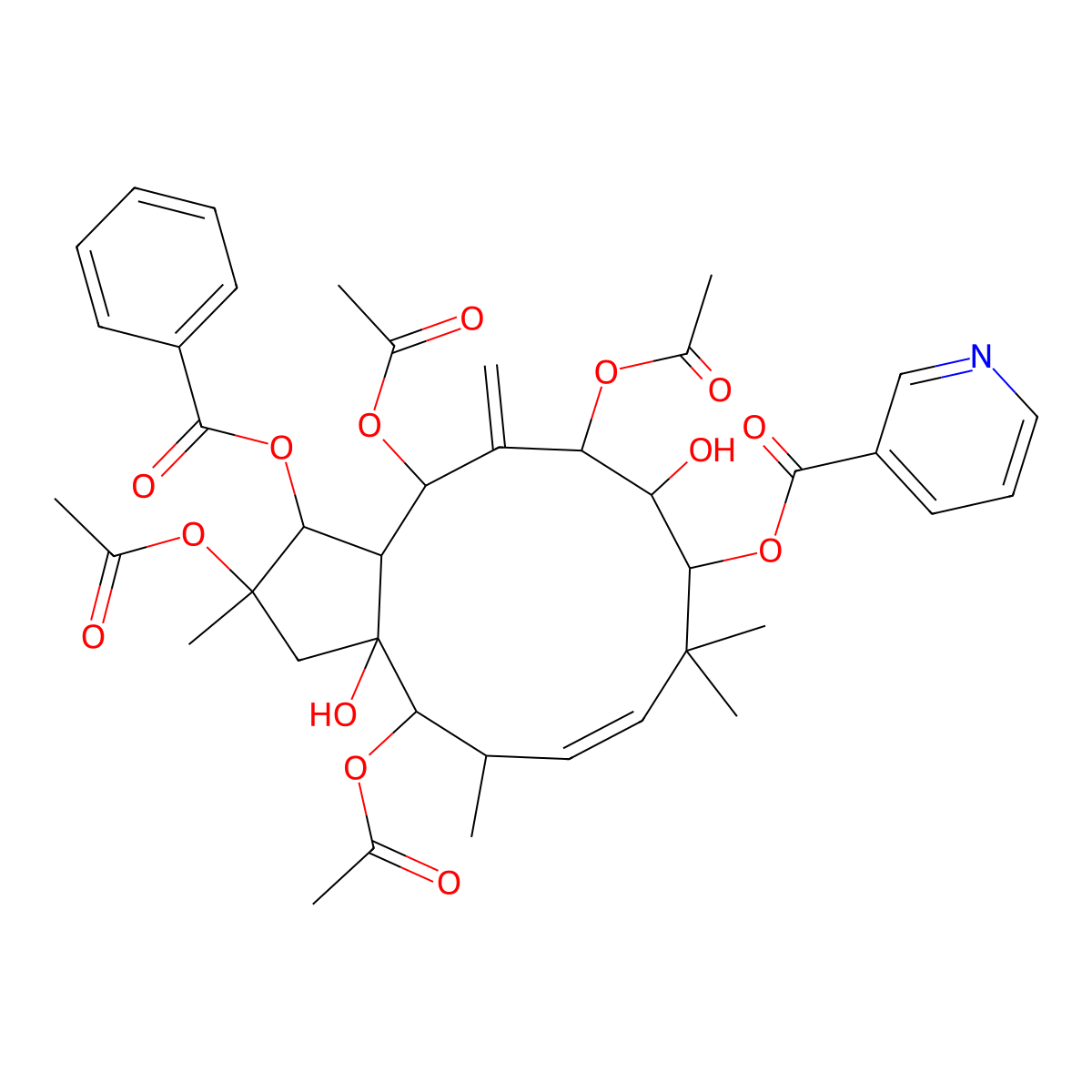 (2,4,11,13-tetraacetyloxy-1-benzoyloxy-3a,10-dihydroxy-2,5,8,8-tetramethyl-12-methylidene-3,4,5,9,10,11,13,13a-octahydro-1H-cyclopenta[12]annulen-9-yl) pyridine-3-carboxylate molecular structure, CAS 210108-89-7