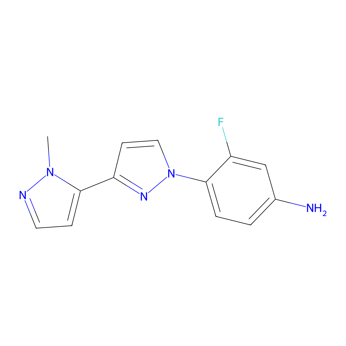 3-Fluoro-4-(2'-methyl-1H,2'H-3,3'-bipyrazol-1-yl)aniline molecular structure, CAS 2101197-61-7