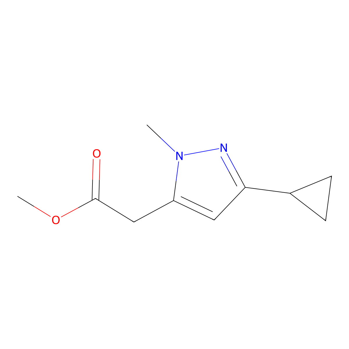 Methyl (3-cyclopropyl-1-methyl-1H-pyrazol-5-yl)acetate molecular structure, CAS 2101197-93-5