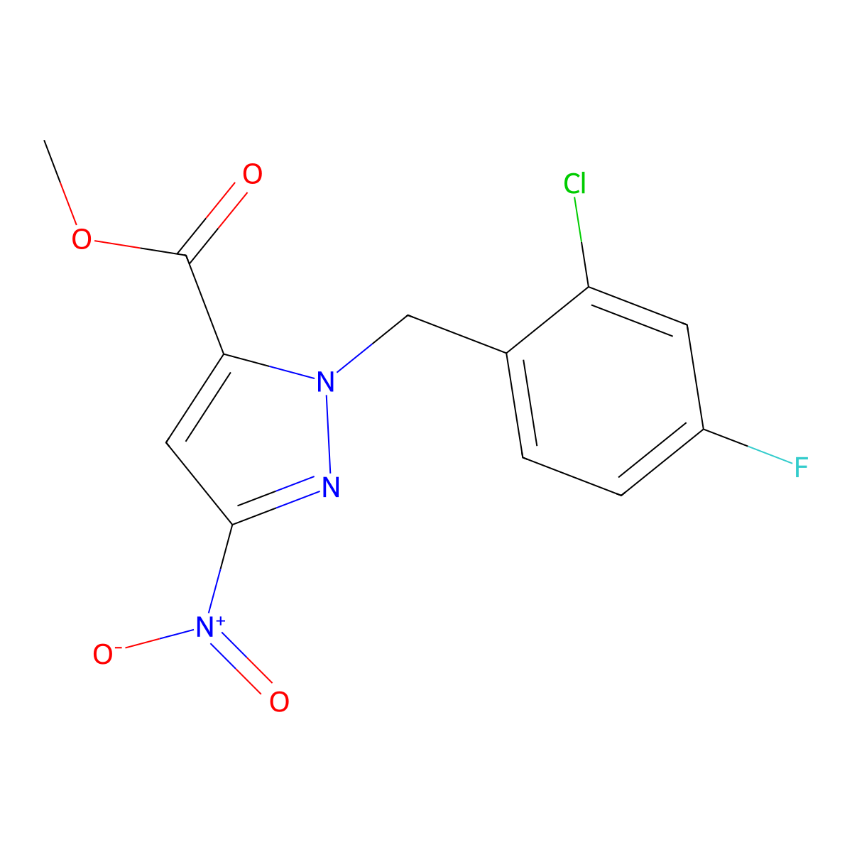 Methyl 1-(2-chloro-4-fluorobenzyl)-3-nitro-1H-pyrazole-5-carboxylate molecular structure, CAS 2101199-52-2