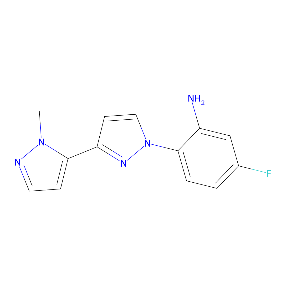 5-Fluoro-2-(2'-methyl-1H,2'H-3,3'-bipyrazol-1-yl)aniline molecular structure, CAS 2101200-71-7