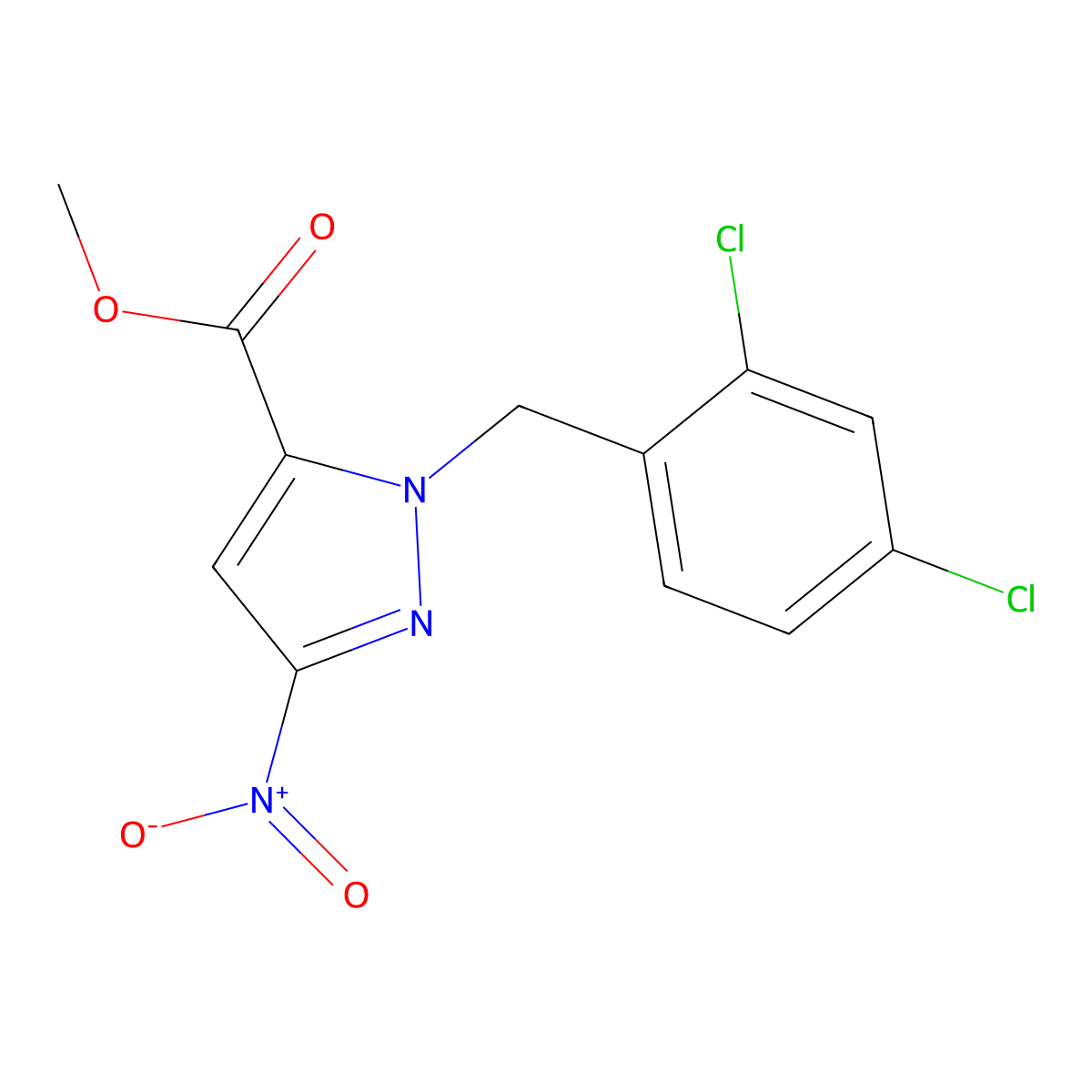 Methyl 1-(2,4-dichlorobenzyl)-3-nitro-1H-pyrazole-5-carboxylate molecular structure, CAS 2101200-72-8