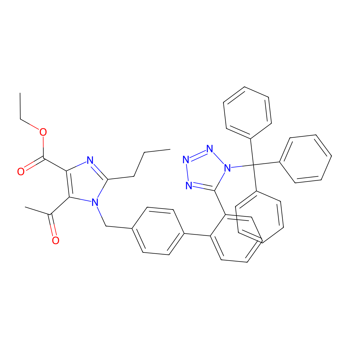 Ethyl 5-acetyl-2-propyl-1-((2'-(1-trityl-1H-tetrazol-5-yl)-[1,1'-biphenyl]-4-yl)methyl)-1H-imidazole-4-carboxylate molecular structure, CAS 2101308-73-8