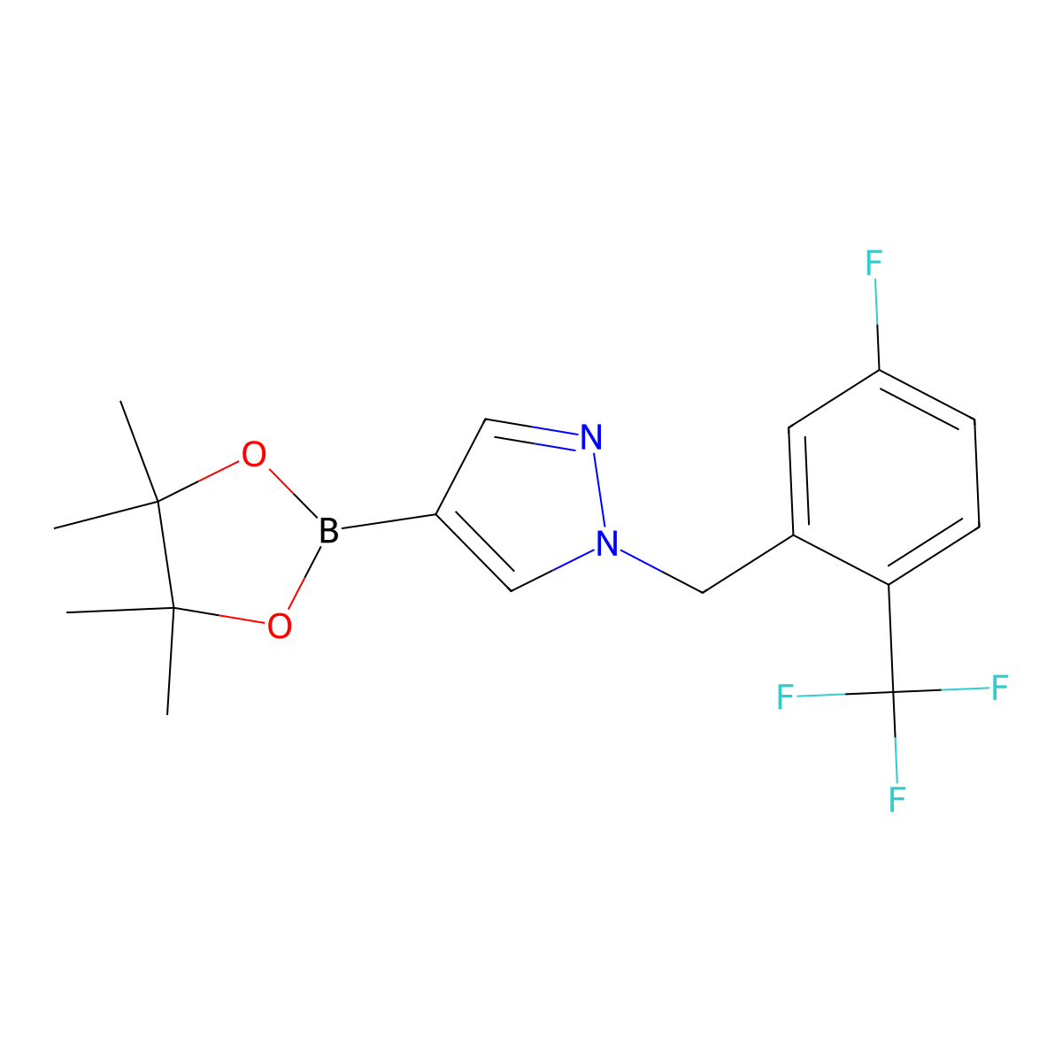 1-(5-Fluoro-2-trifluoromethyl-benzyl)-4-(4,4,5,5-tetramethyl-[1,3,2]dioxaborolan-2-yl)-1H-pyrazole molecular structure, CAS 2101515-32-4