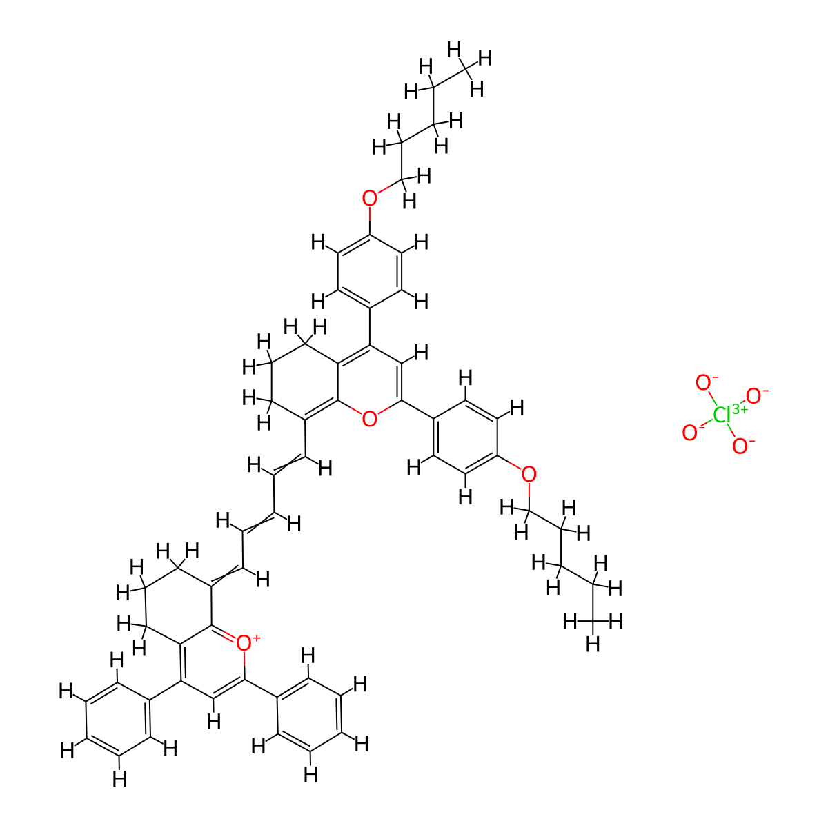 1-Benzopyrylium, 8-(5-(6,7-dihydro-2,4-bis(4-(pentyloxy)phenyl)-5H-1-benzopyran-8-yl)-2,4-pentadien-1-ylidene)-5,6,7,8-tetrahydro-2,4-diphenyl-, perchlorate (1:1) molecular structure, CAS 21016-22-8