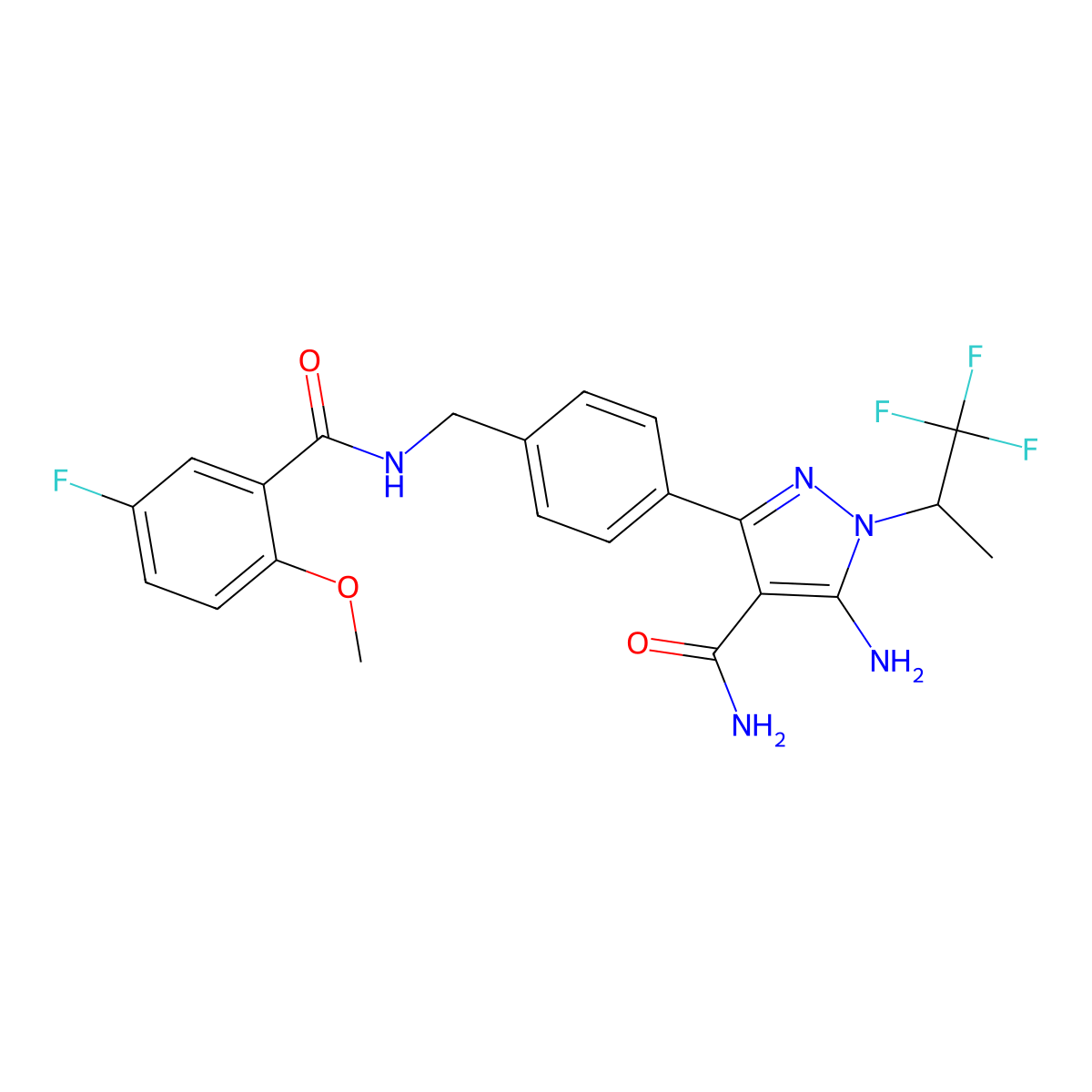 5-Amino-3-(4-((5-fluoro-2-methoxybenzamido)methyl)phenyl)-1-(1,1,1-trifluoropropan-2-yl)-1H-pyrazole-4-carboxamide molecular structure, CAS 2101699-71-0