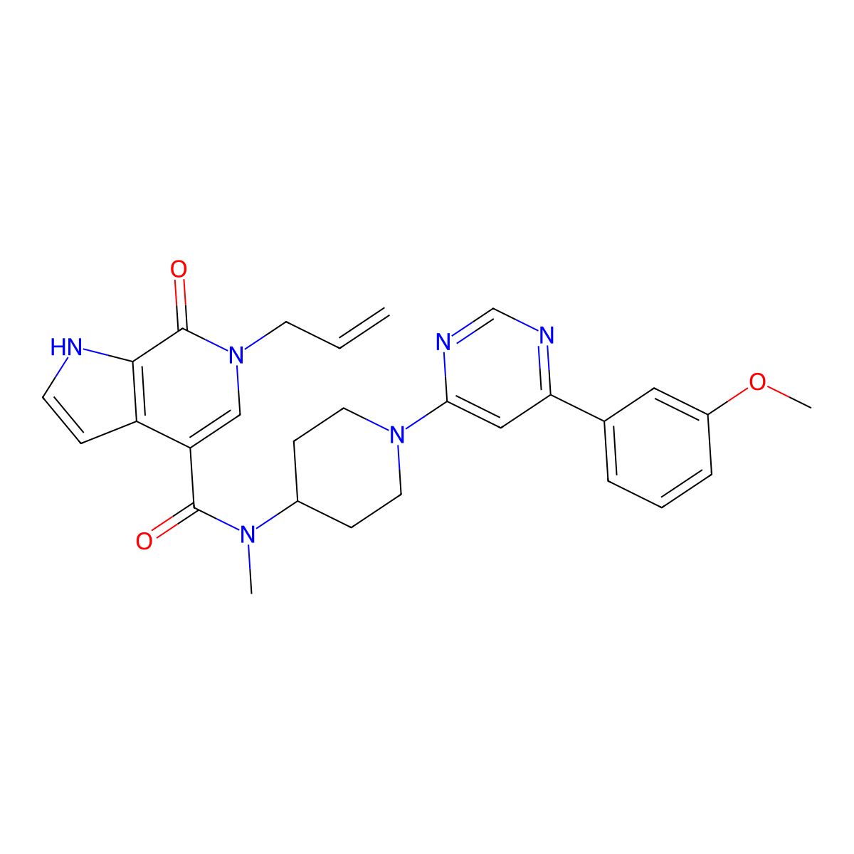 N-[1-[6-(3-methoxyphenyl)pyrimidin-4-yl]piperidin-4-yl]-N-methyl-7-oxo-6-prop-2-enyl-1H-pyrrolo[2,3-c]pyridine-4-carboxamide molecular structure, CAS 2101957-05-3
