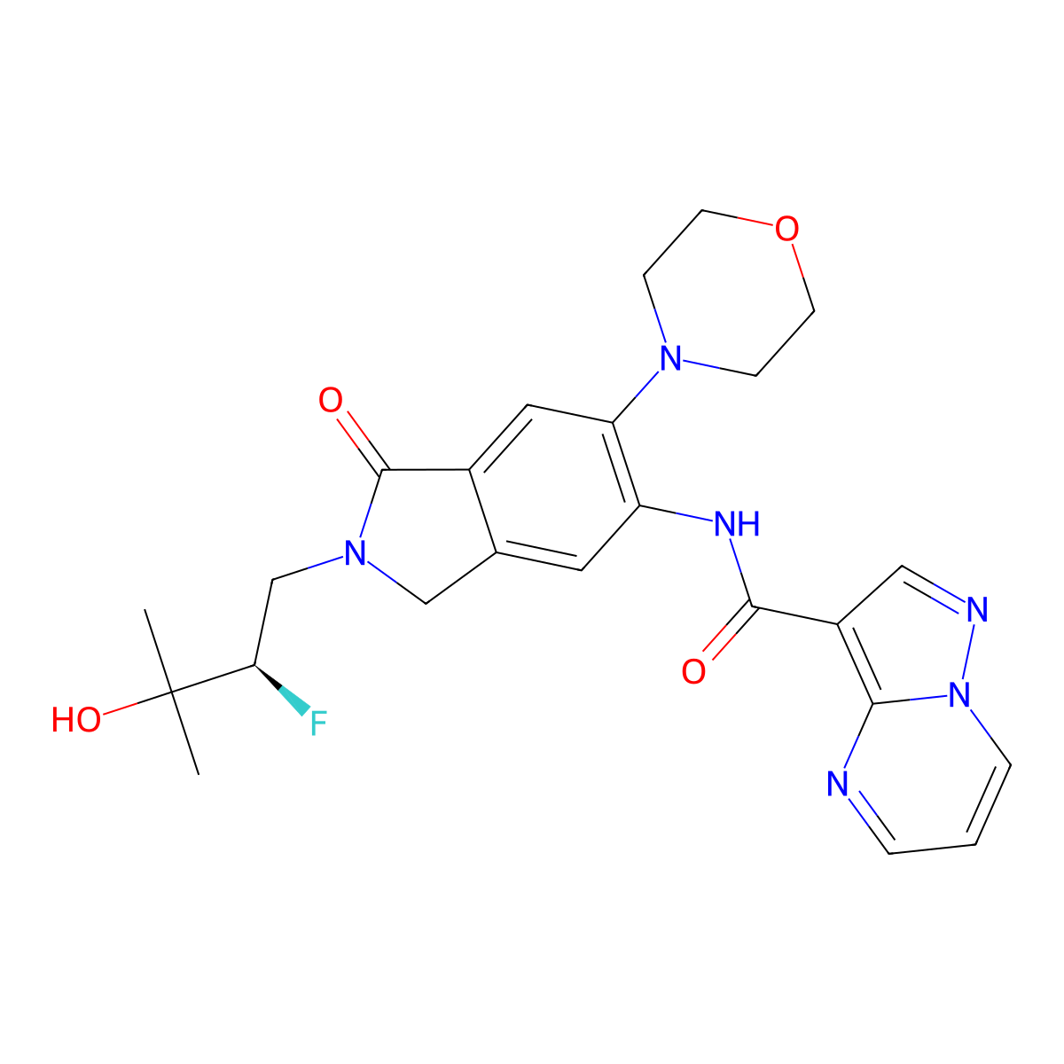 (R)-N-(2-(2-Fluoro-3-hydroxy-3-methylbutyl)-6-morpholino-1-oxoisoindolin-5-YL)pyrazolo[1,5-A]pyrimidine-3-carboxamide molecular structure, CAS 2102170-43-2