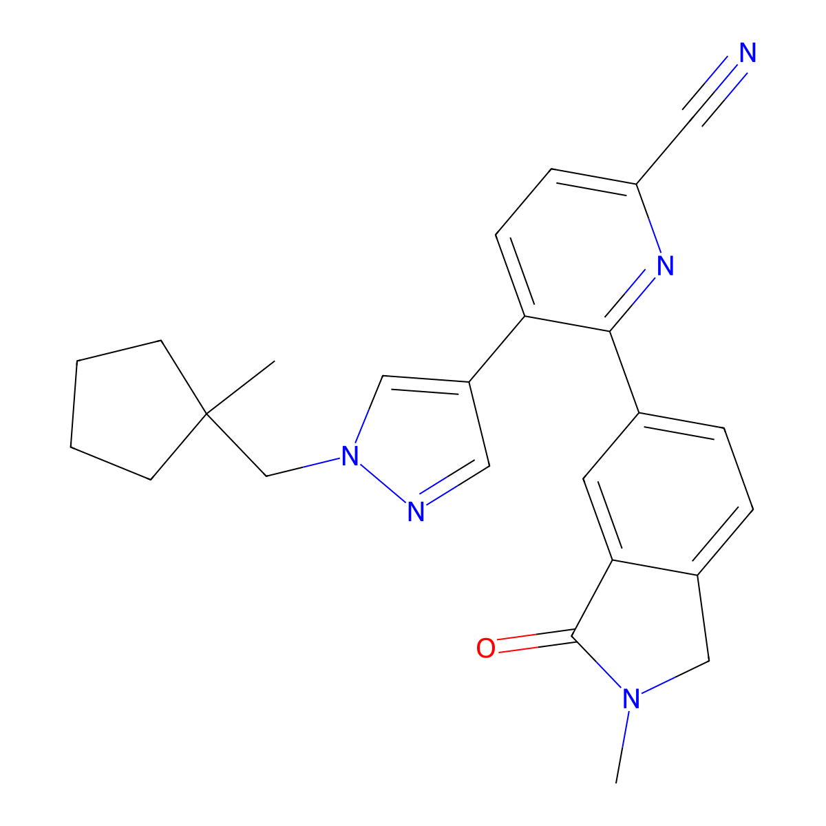 6-(2-Methyl-3-oxoisoindolin-5-yl)-5-(1-((1-methylcyclopentyl)methyl)-1H-pyrazol-4-yl)picolinonitrile molecular structure, CAS 2102194-04-5