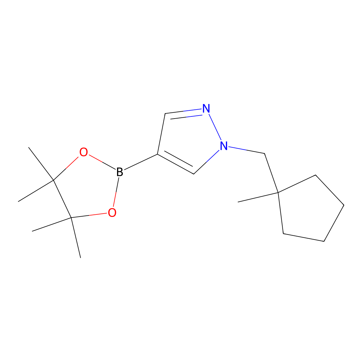 1-((1-Methylcyclopentyl)methyl)-4-(4,4,5,5-tetramethyl-1,3,2-dioxaborolan-2-yl)-1H-pyrazole molecular structure, CAS 2102195-29-7