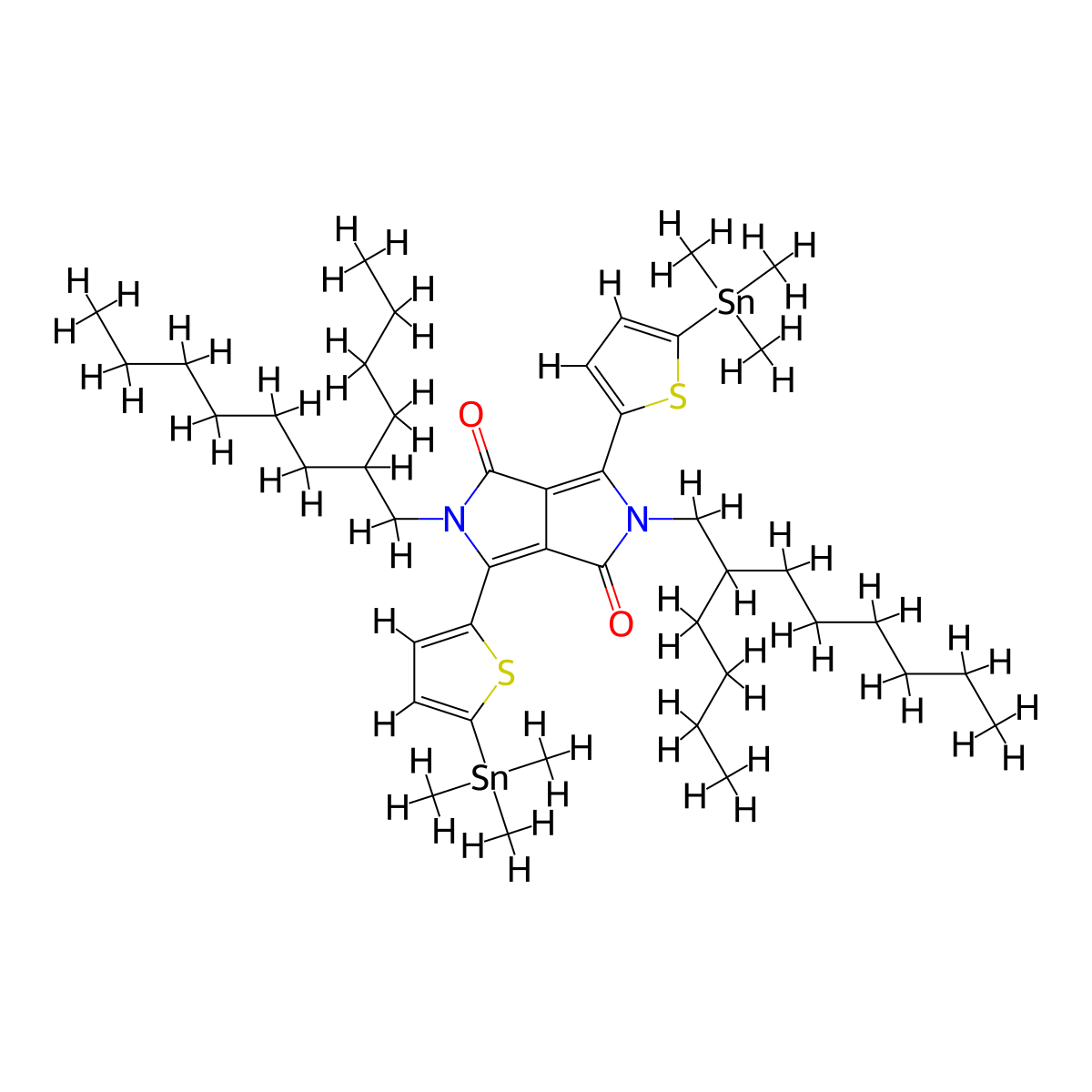 2,5-Bis(2-butyloctyl)-3,6-bis(5-(trimethylstannyl)thiophen-2-yl)-2,5-dihydropyrrolo[3,4-c]pyrrole-1,4-dione molecular structure, CAS 2102299-80-7