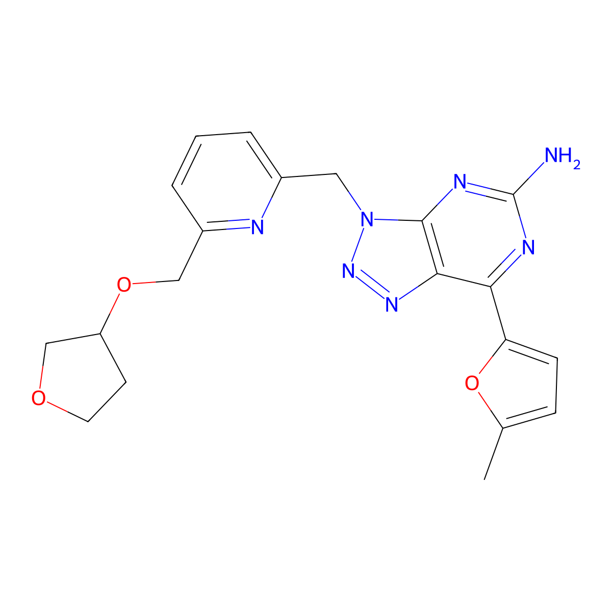 V81444;(S)-7-(5-methylfuran-2-yl)-3-((6-(((tetrahydrofuran-3-yl)oxy)methyl)pyridin-2-yl)methyl)-3H-[1,2,3]triazolo[4,5-d]pyrimidin-5-amine molecular structure, CAS 2102305-11-1