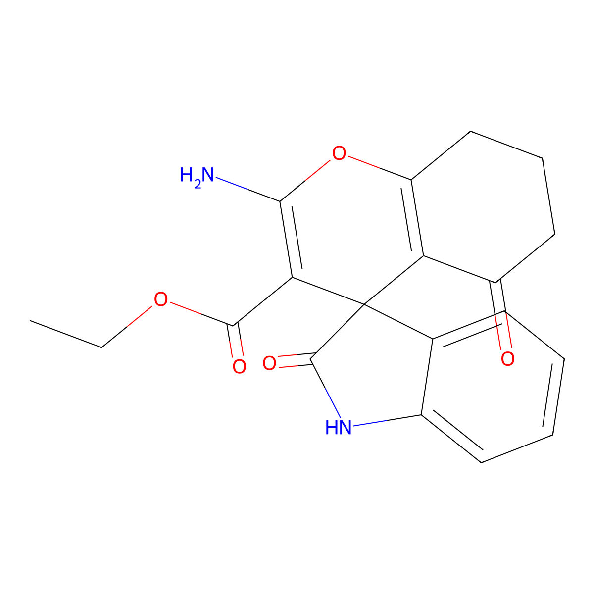 Ethyl 2-amino-2',5-dioxo-1',2',5,6,7,8-hexahydrospiro[chromene-4,3'-indole]-3-carboxylate molecular structure, CAS 210232-93-2