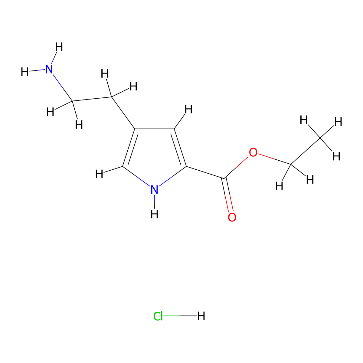 Ethyl 4-(2-aminoethyl)-1H-pyrrole-2-carboxylate hcl molecular structure, CAS 2102408-63-7