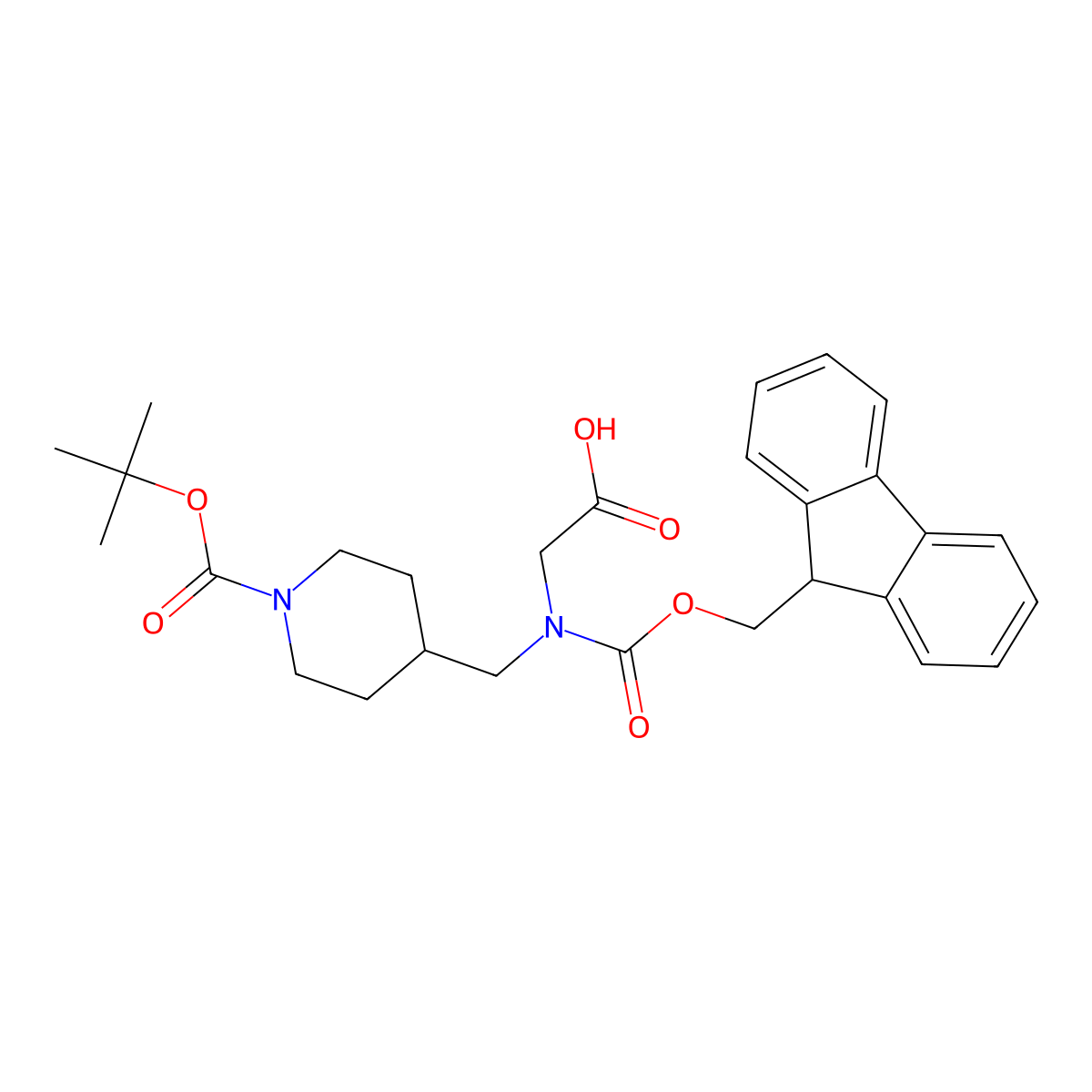 2-((((9H-fluoren-9-yl)methoxy)carbonyl)((1-(tert-butoxycarbonyl)piperidin-4-yl)methyl)amino)acetic acid molecular structure, CAS 2102408-73-9