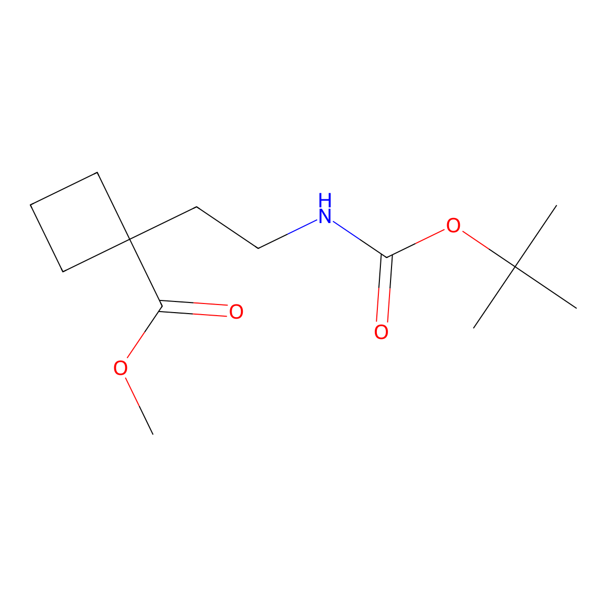 Methyl 1-(2-((tert-butoxycarbonyl)amino)ethyl)cyclobutane-1-carboxylate molecular structure, CAS 2102409-25-4