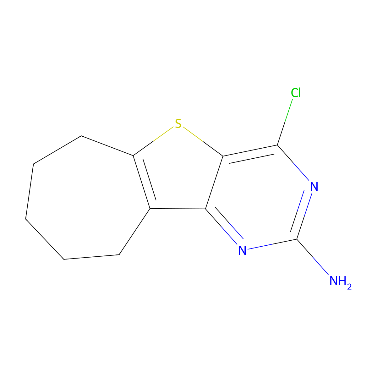 4-Chloro-7,8,9,10-tetrahydro-6H-cyclohepta[4,5]thieno[3,2-D]pyrimidin-2-amine molecular structure, CAS 2102409-32-3