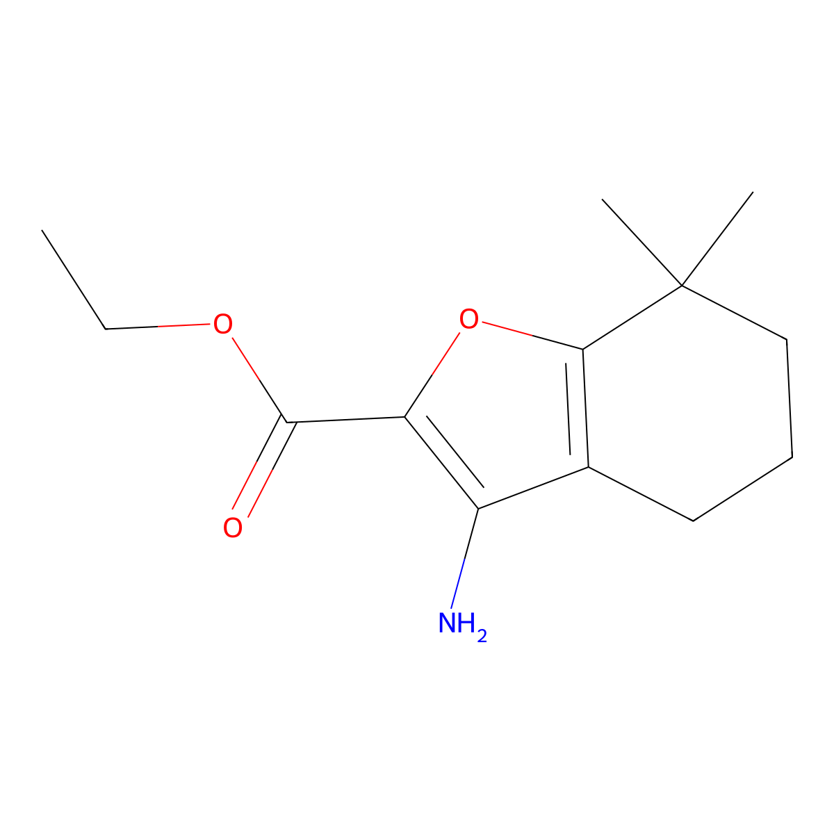 Ethyl 3-amino-7,7-dimethyl-4,5,6,7-tetrahydrobenzofuran-2-carboxylate molecular structure, CAS 2102409-76-5