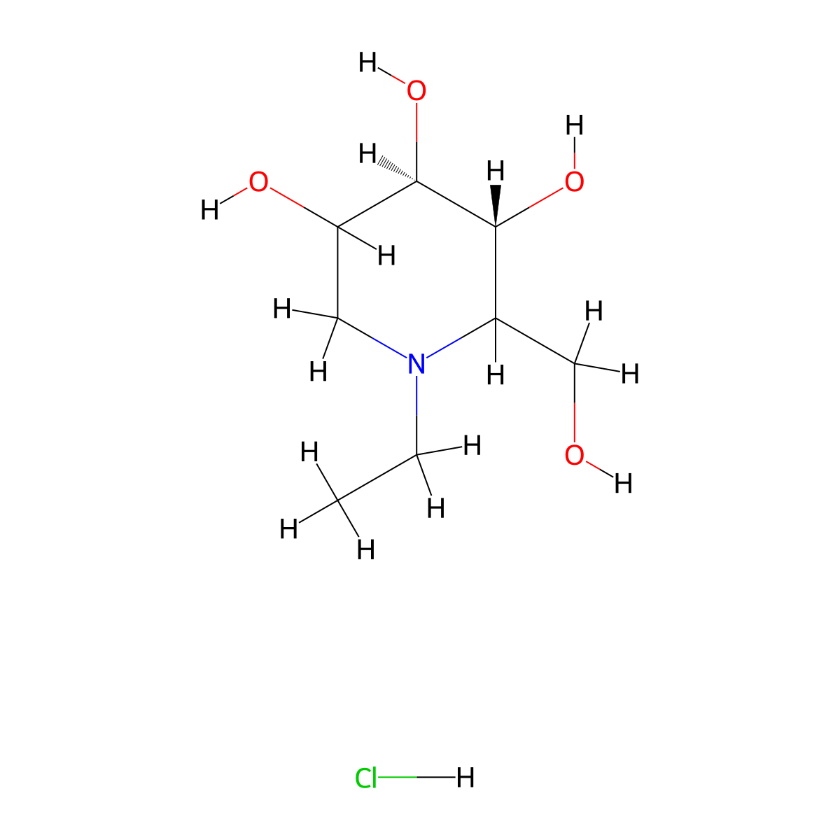 (3R,4R)-1-ethyl-2-(hydroxymethyl)piperidine-3,4,5-triol;hydrochloride molecular structure, CAS 210241-65-9