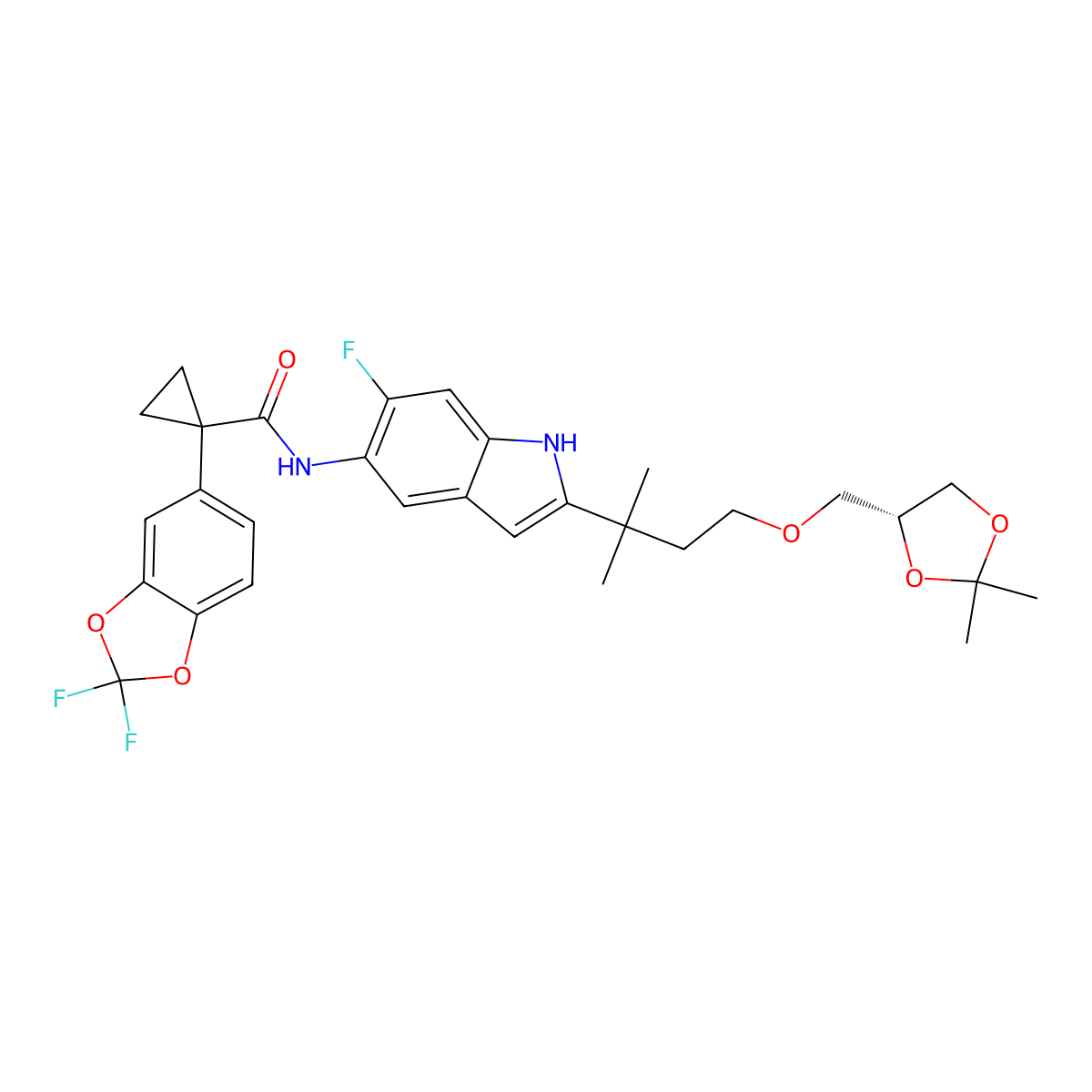 (R)-1-(2,2-difluorobenzo[d][1,3]dioxol-5-yl)-N-(2-(4-((2,2-dimethyl-1,3-dioxolan-4-yl)methoxy)-2-methylbutan-2-yl)-6-fluoro-1H-indol-5-yl)cyclopropanecarboxamide molecular structure, CAS 2102410-32-0