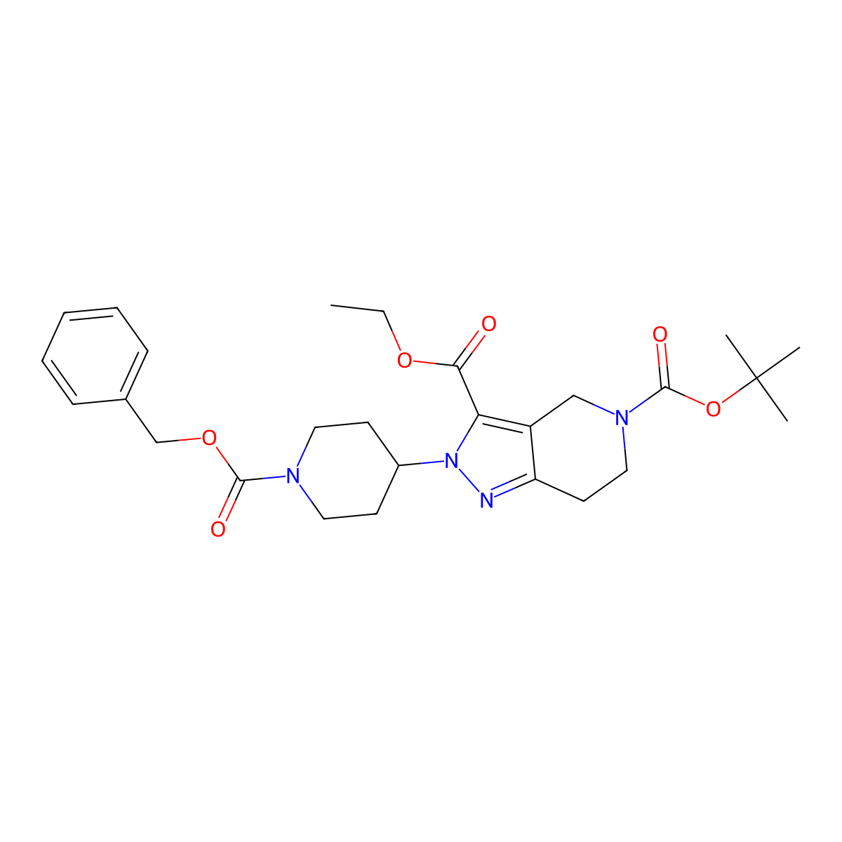 5-tert-butyl 3-ethyl 2-(1-((benzyloxy)carbonyl)piperidin-4-yl)-6,7-dihydro-2H-pyrazolo[4,3-c]pyridine-3,5(4H)-dicarboxylate molecular structure, CAS 2102410-45-5