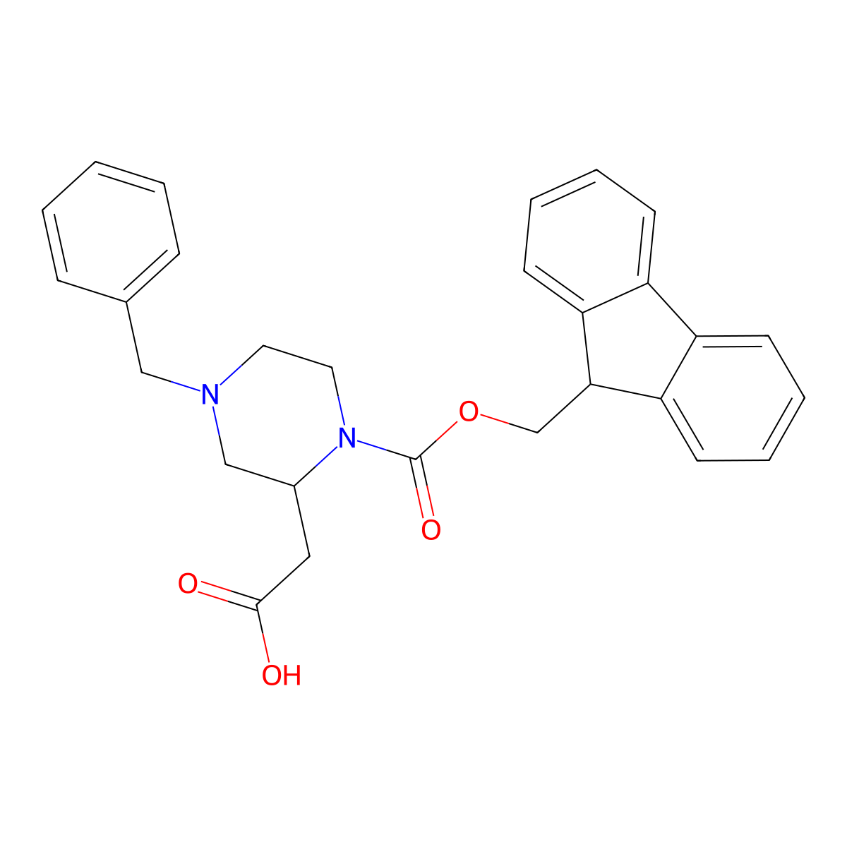 2-(1-(((9H-fluoren-9-yl)methoxy)carbonyl)-4-benzylpiperazin-2-yl)acetic acid molecular structure, CAS 2102410-46-6