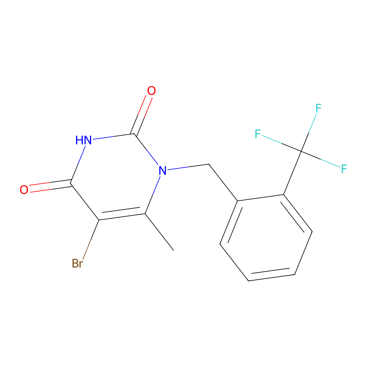 5-Bromo-6-methyl-1-{[2-(trifluoromethyl)phenyl]methyl}-1,2,3,4-tetrahydropyrimidine-2,4-dione molecular structure, CAS 2102411-35-6