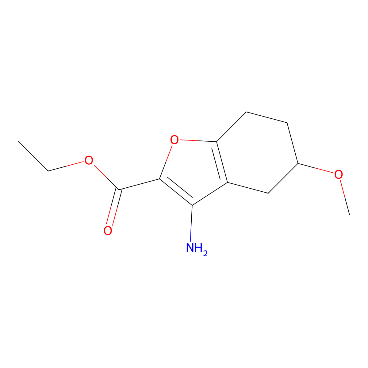 Ethyl 3-amino-5-methoxy-4,5,6,7-tetrahydrobenzofuran-2-carboxylate molecular structure, CAS 2102411-48-1