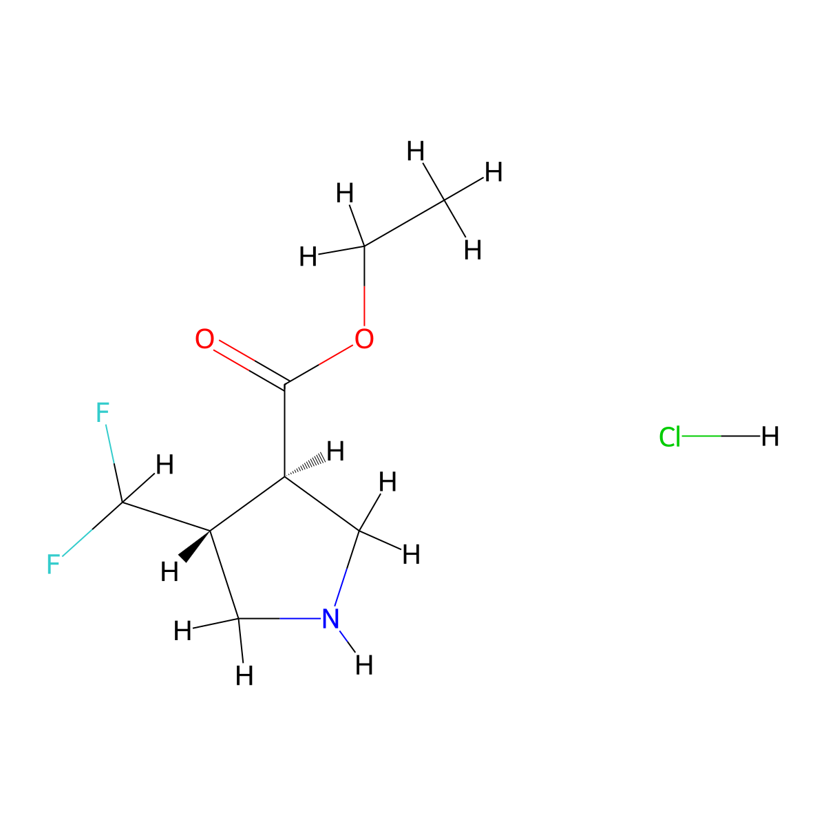 Ethyl trans-4-(difluoromethyl)pyrrolidine-3-carboxylate hcl molecular structure, CAS 2102411-95-8