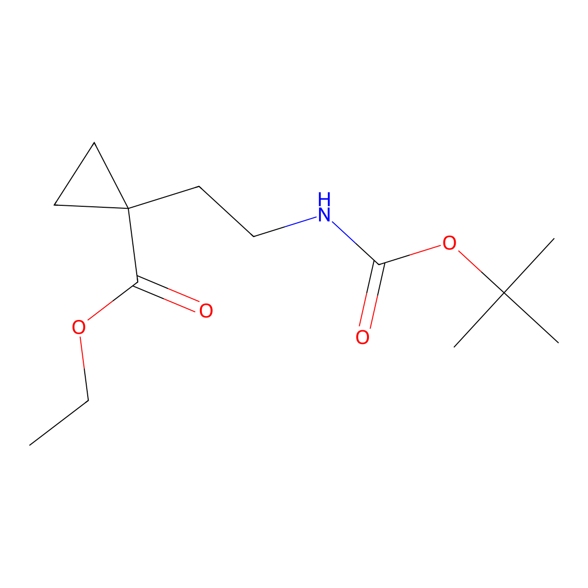 Ethyl 1-(2-((tert-butoxycarbonyl)amino)ethyl)cyclopropane-1-carboxylate molecular structure, CAS 2102412-06-4