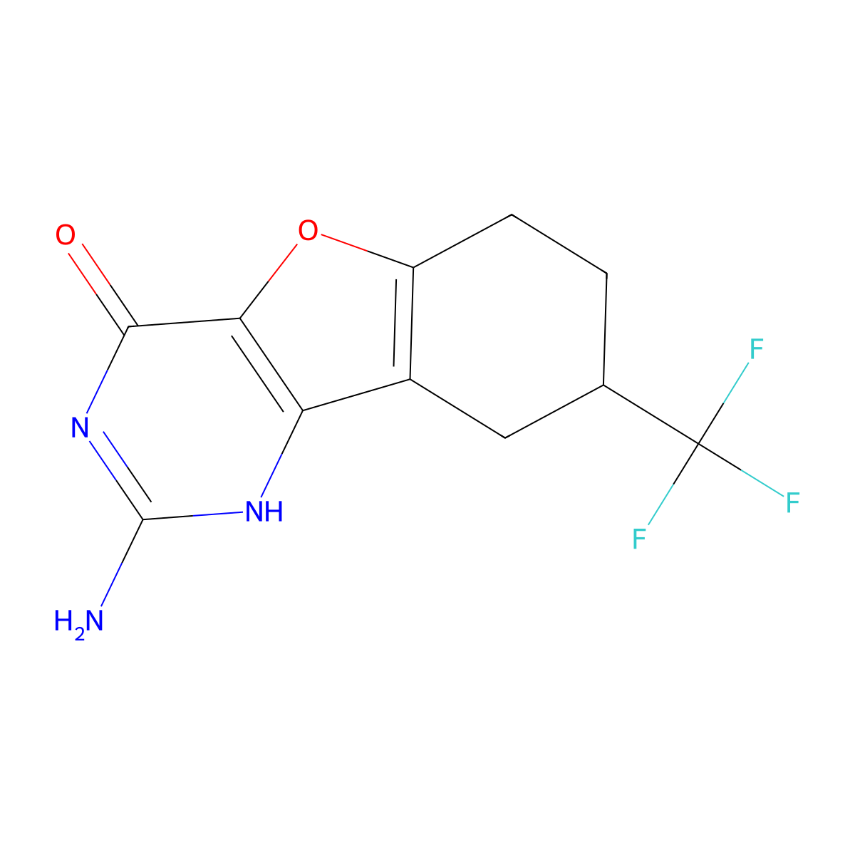 2-Amino-8-(trifluoromethyl)-6,7,8,9-tetrahydrobenzofuro[3,2-D]pyrimidin-4(1H)-one molecular structure, CAS 2102412-24-6