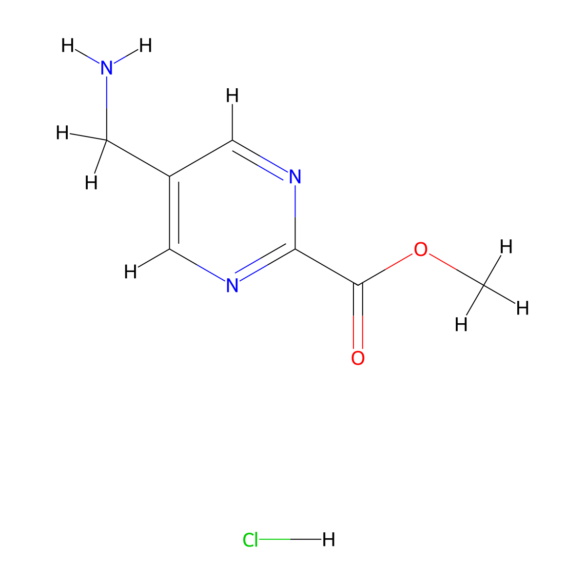 Methyl 5-(aminomethyl)pyrimidine-2-carboxylate hcl molecular structure, CAS 2102412-25-7