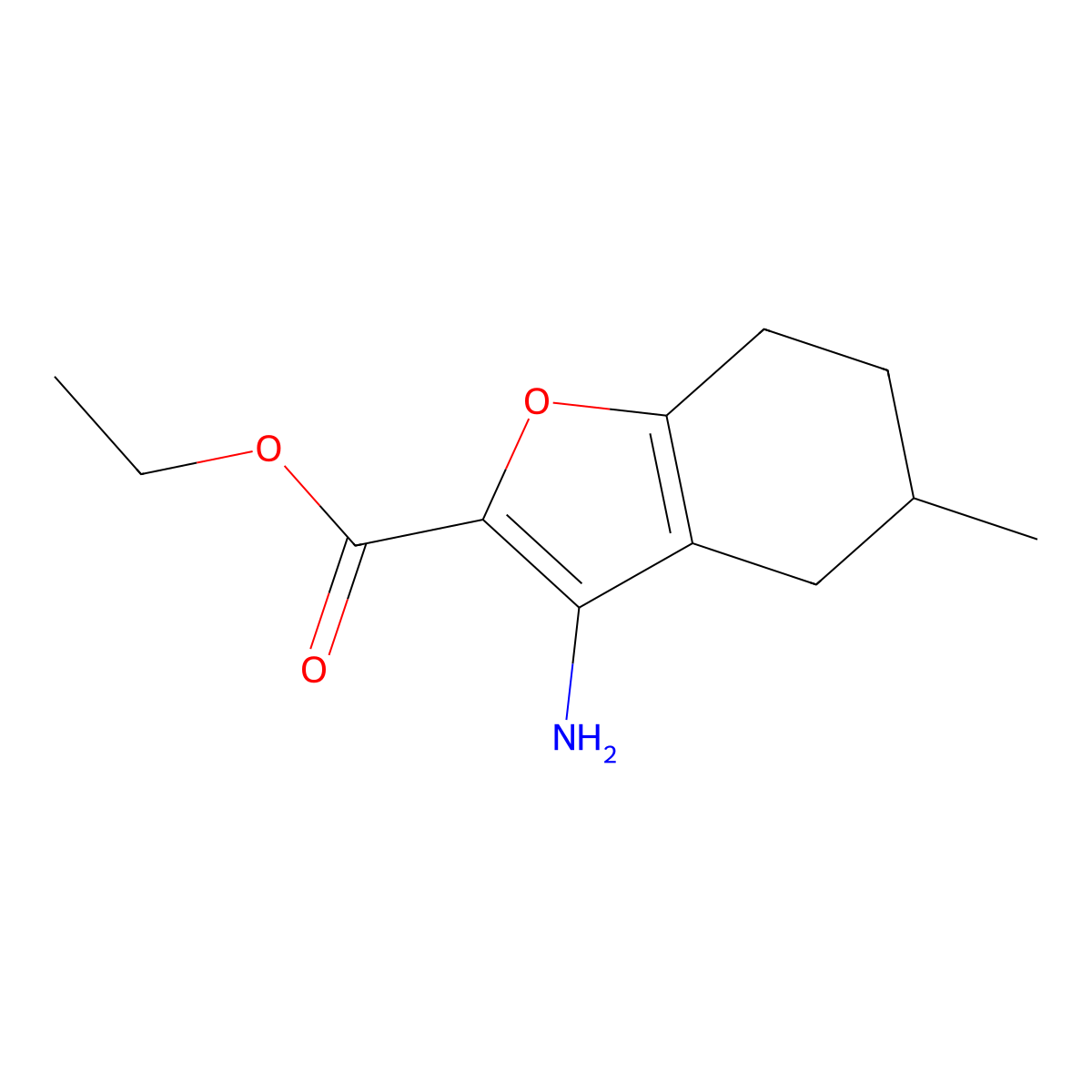 Ethyl 3-amino-5-methyl-4,5,6,7-tetrahydrobenzofuran-2-carboxylate molecular structure, CAS 2102412-41-7