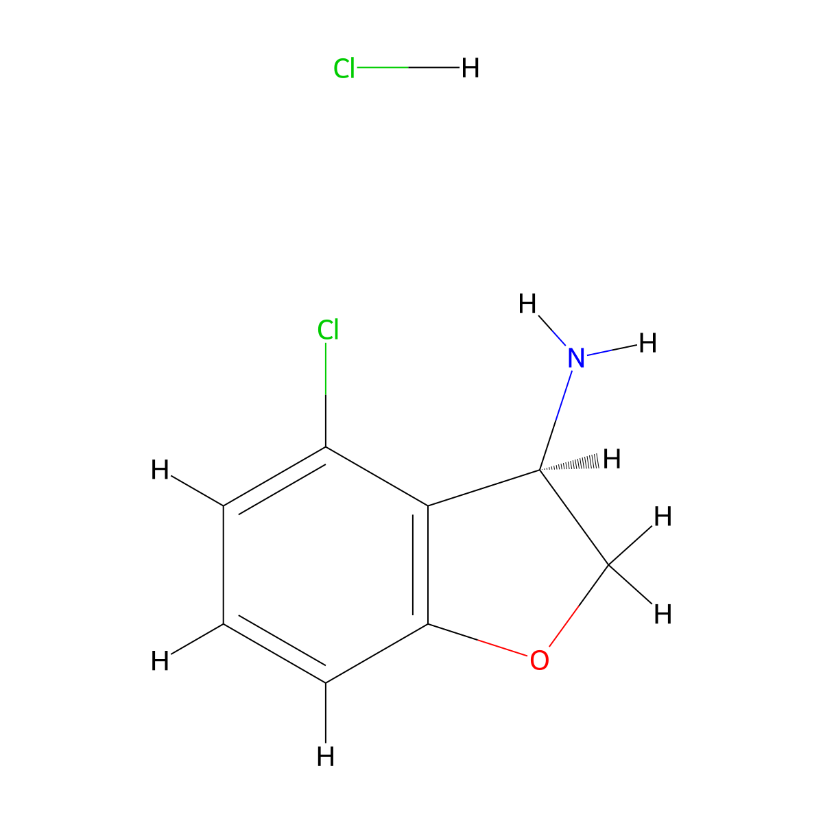 3-Benzofuranamine, 4-chloro-2,3-dihydro-, hydrochloride (1:1), (3R)- molecular structure, CAS 2102412-96-2