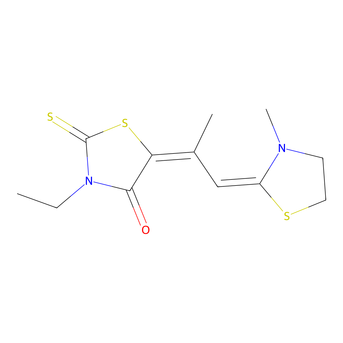 4-Thiazolidinone, 3-ethyl-5-[1-methyl-2-(3-methyl-2-thiazolidinylidene)ethylidene]-2-thioxo- molecular structure, CAS 21025-18-3