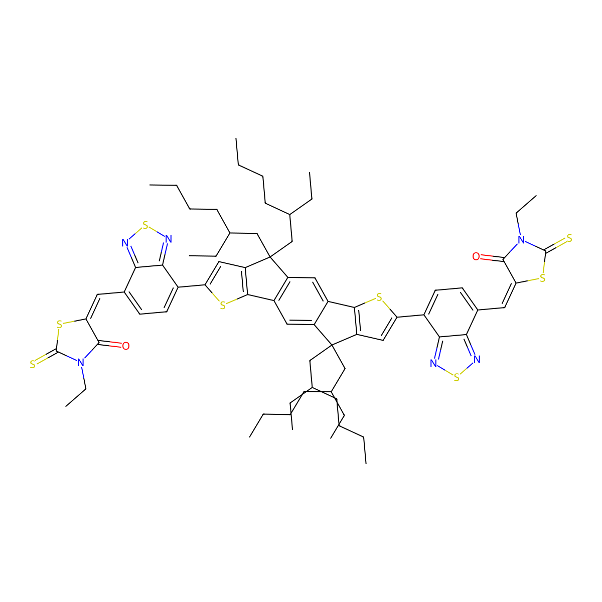 (5Z)-3-Ethyl-2-sulfanylidene-5-[[4-[9,9,18,18-tetrakis(2-ethylhexyl)-15-[7-[(Z)-(3-ethyl-4-oxo-2-sulfanylidene-1,3-thiazolidin-5-ylidene)methyl]-2,1,3-benzothiadiazol-4-yl]-5,14-dithiapentacyclo[10.6.0.03,10.04,8.013,17]octadeca-1(12),2,4(8),6,10,13(17),15-heptaen-6-yl]-2,1,3-benzothiadiazol-7-yl]methylidene]-1,3-thiazolidin-4-one molecular structure, CAS 2102510-60-9