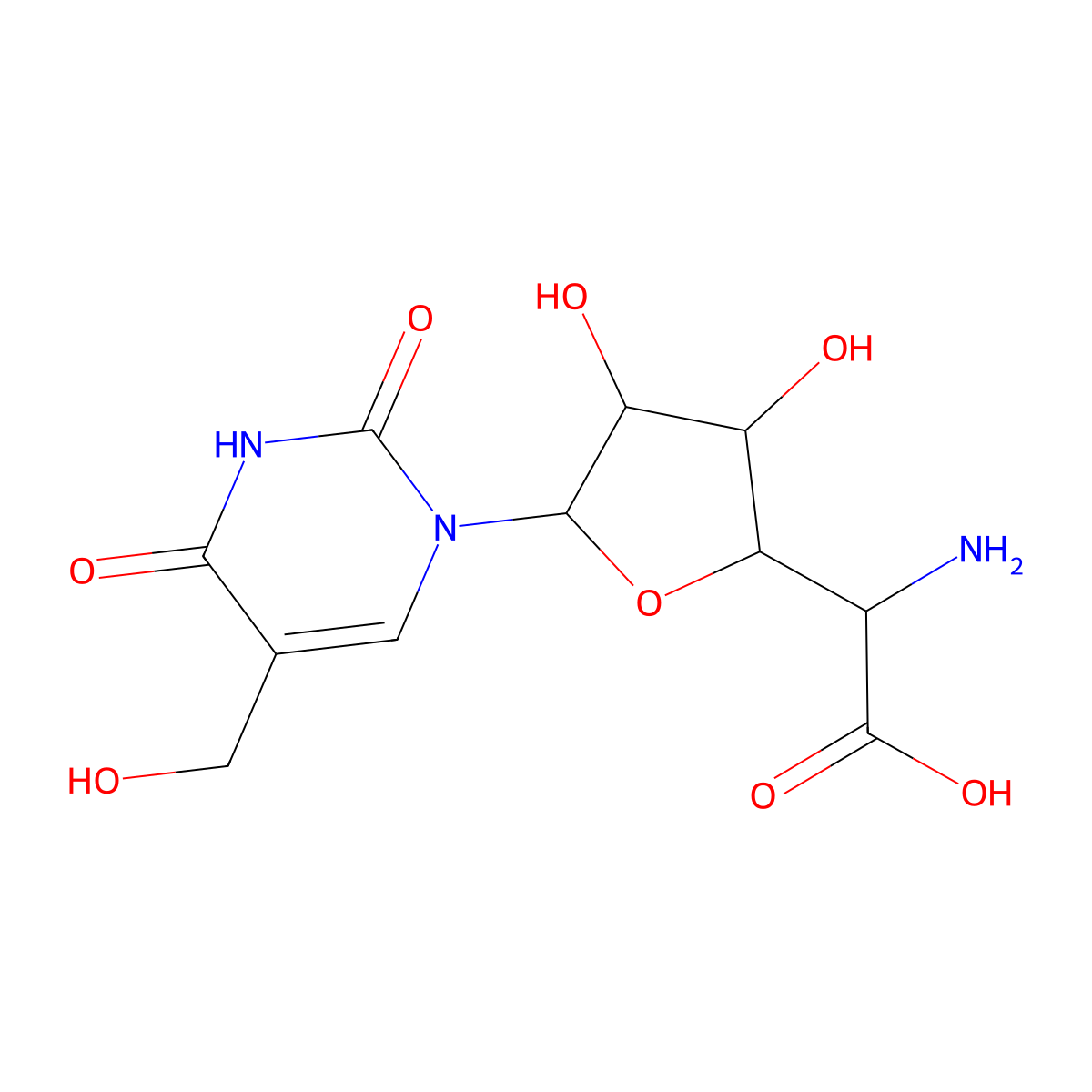 5-Amino-1,5-dideoxy-1-(3,4-dihydro-5-(hydroxymethyl)-2,4-dioxo-1(2H)-pyrimidinyl)-beta-D-allofuranuronic acid molecular structure, CAS 21027-33-8