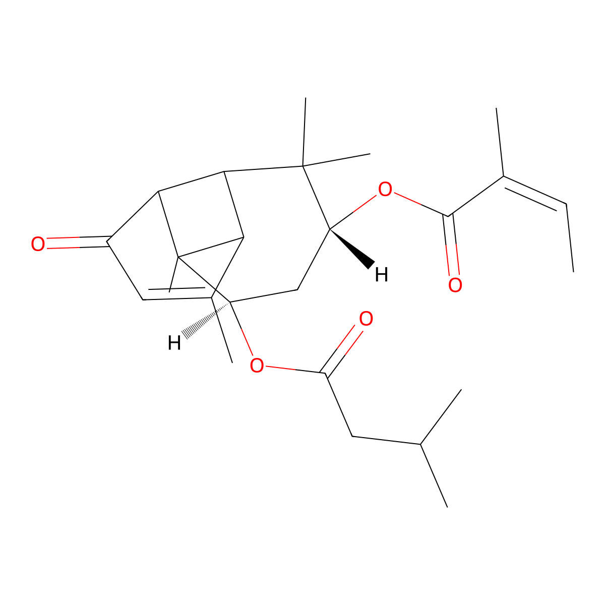 NCGC00384505-01_C25H36O5_2-Butenoic acid, 2-methyl-, (4R,6R)-3,3,7,9-tetramethyl-6-(3-methyl-1-oxobutoxy)-11-oxotricyclo[5.4.0.0~2,8~]undec-9-en-4-yl ester, (2Z)- molecular structure, CAS 210288-00-9