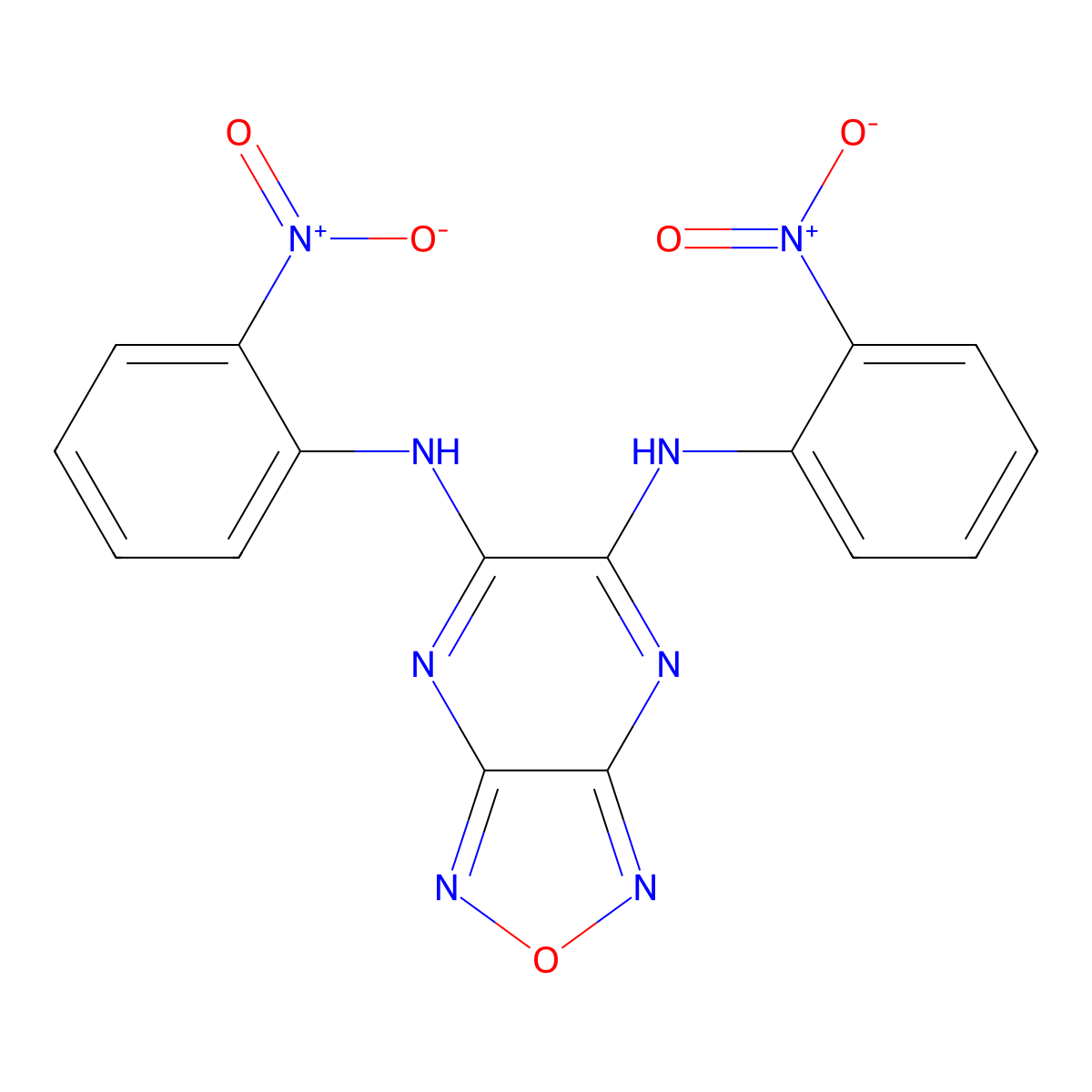 5,6-Bis{2-nitroanilino}[1,2,5]oxadiazolo[3,4-b]pyrazine molecular structure, CAS 210302-22-0