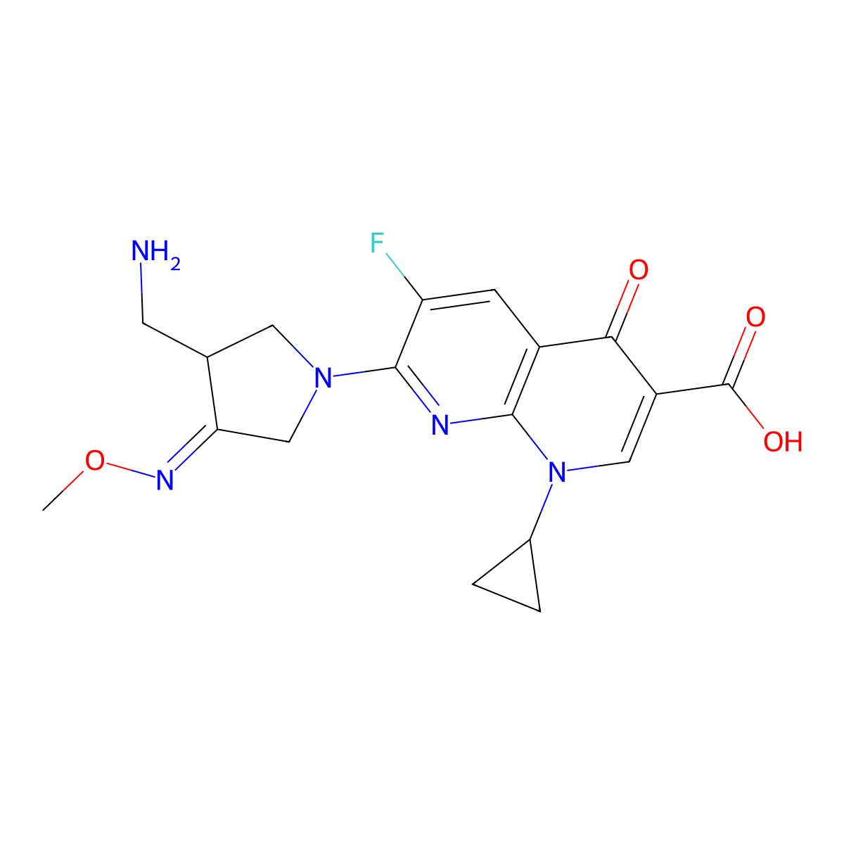 7-((4E)-3-(Aminomethyl)-4-(methoxyimino)-1-pyrrolidinyl)-1-cyclopropyl-6-fluoro-1,4-dihydro-4-oxo-1,8-naphthyridine-3-carboxylic acid molecular structure, CAS 210353-54-1