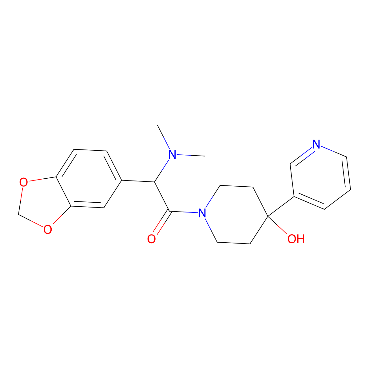 2-(1,3-Benzodioxol-5-yl)-2-(dimethylamino)-1-(4-hydroxy-4-pyridin-3-ylpiperidin-1-yl)ethanone molecular structure, CAS 2103630-00-6