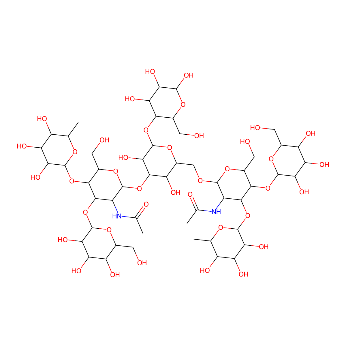 6-Deoxyhexopyranosyl-(1->3)-(hexopyranosyl-(1->4))-2-acetamido-2-deoxyhexopyranosyl-(1->6)-(6-deoxyhexopyranosyl-(1->4)-(hexopyranosyl-(1->3))-2-acetamido-2-deoxyhexopyranosyl-(1->3))hexopyranosyl-(1->4)hexopyranose molecular structure, CAS 210427-13-7