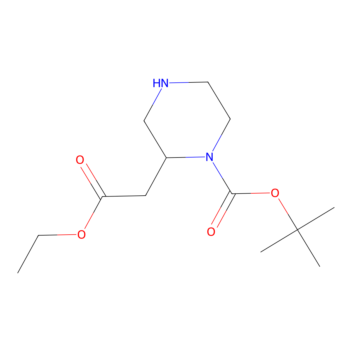 tert-Butyl 2-(2-ethoxy-2-oxoethyl)piperazine-1-carboxylate molecular structure, CAS 2105181-54-0
