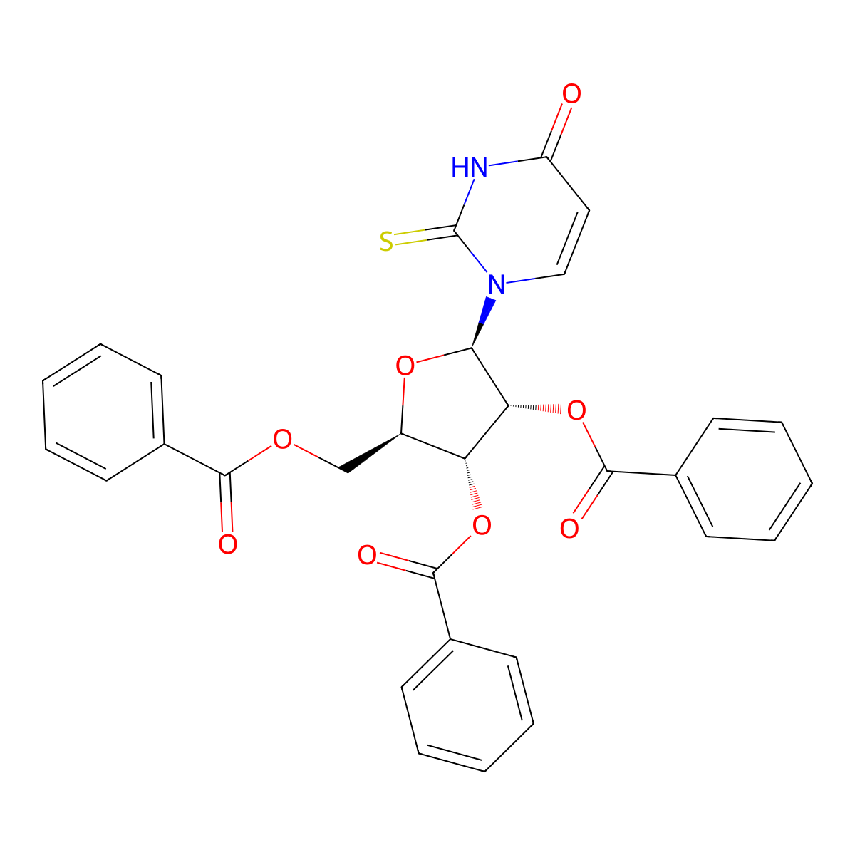 2-Sulfanylidene-1-(2,3,5-tri-O-benzoyl-beta-D-ribofuranosyl)-2,3-dihydropyrimidin-4(1H)-one molecular structure, CAS 21052-18-6
