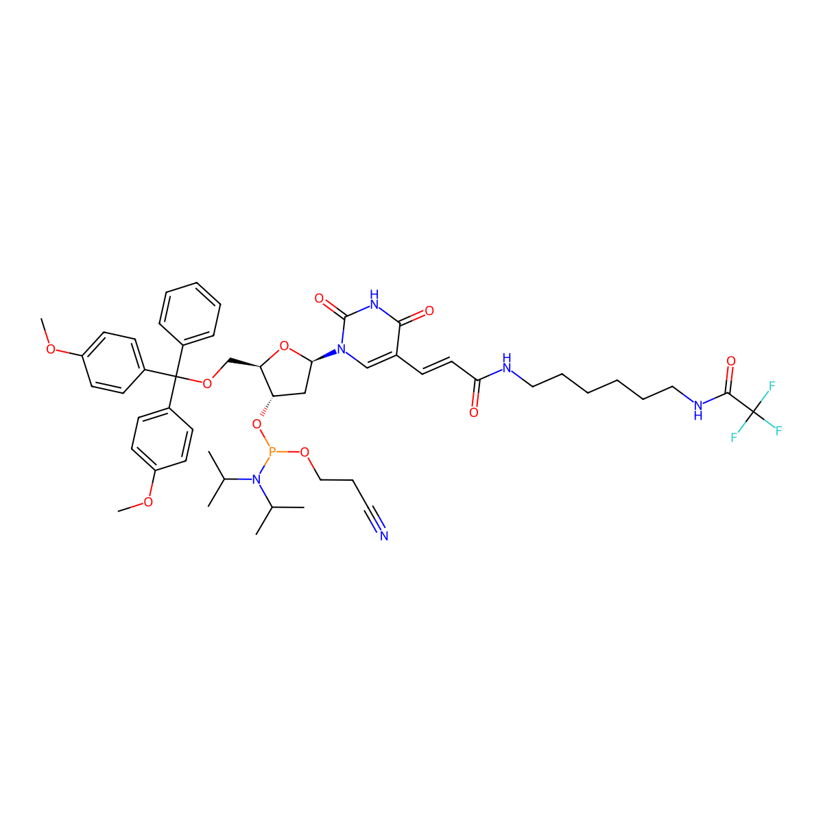 (2R,3S,5R)-2-((Bis(4-methoxyphenyl)(phenyl)methoxy)methyl)-5-(2,4-dioxo-5-((E)-3-oxo-3-((6-(2,2,2-trifluoroacetamido)hexyl)amino)prop-1-en-1-yl)-3,4-dihydropyrimidin-1(2H)-yl)tetrahydrofuran-3-yl (2-cyanoethyl) diisopropylphosphoramidite molecular structure, CAS 210534-16-0