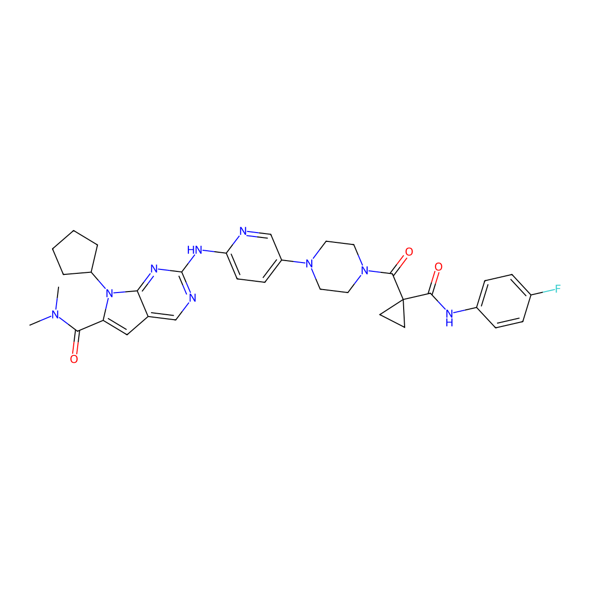 7-cyclopentyl-2-[[5-[4-[1-[(4-fluorophenyl)carbamoyl]cyclopropanecarbonyl]piperazin-1-yl]-2-pyridinyl]amino]-N,N-dimethylpyrrolo[2,3-d]pyrimidine-6-carboxamide molecular structure, CAS 2105956-77-0