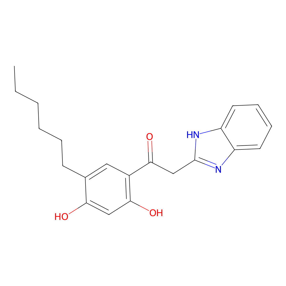 2-(1H-benzimidazol-2-yl)-1-(5-hexyl-2,4-dihydroxyphenyl)ethanone molecular structure, CAS 210639-71-7